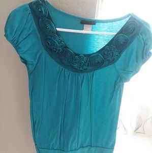 Blue shirt with roses on collar